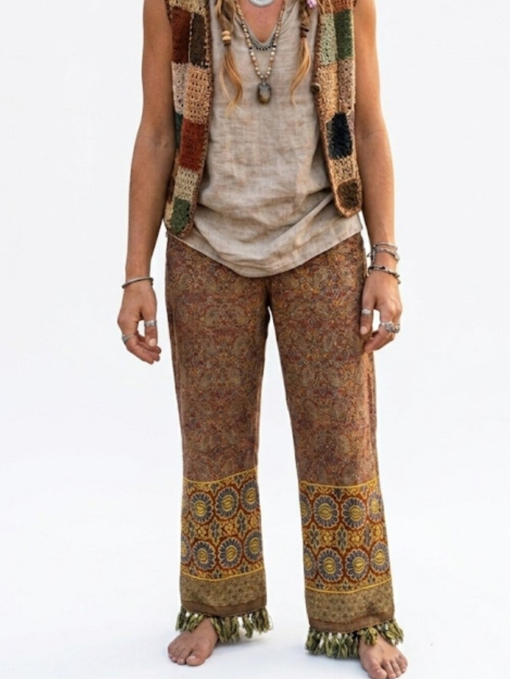Boho Floral Border Chinos in Yellow & Brown - Picture 1 of 16